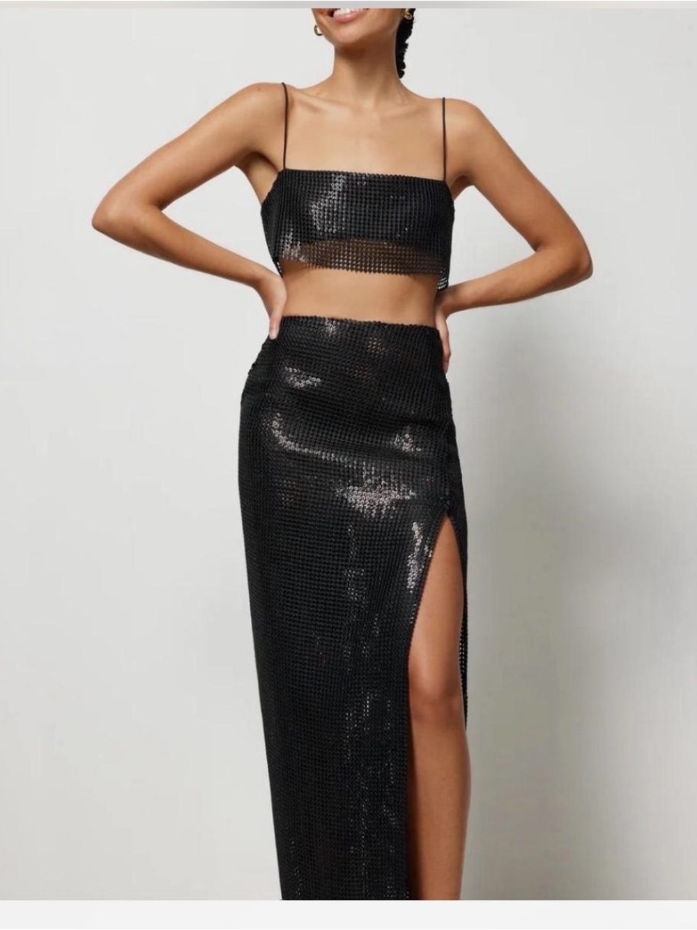 Black Sequin High-Slit Maxi Skirt with matching crop